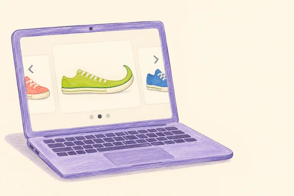 A hand-drawn lavender laptop sits on a warm cream background, displaying a lime sneaker with an exaggerated upturned toe between partially cropped coral and…