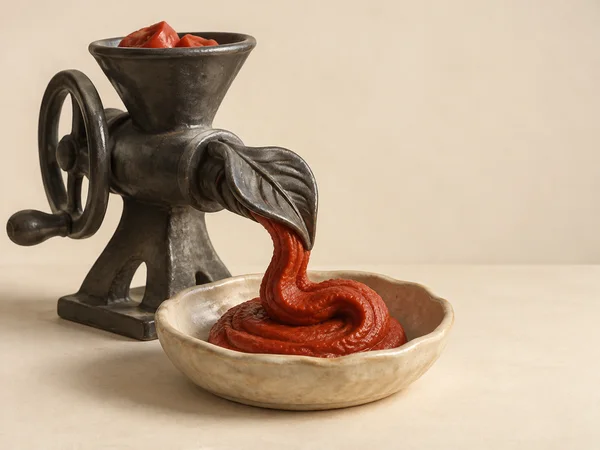 A dark hand-cranked food press with a leaf-shaped spout extrudes a thick brick-red ribbon into a shallow ivory bowl on a warm tabletop, with open space to the…