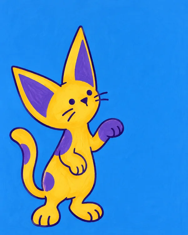 A golden-yellow kitten with violet patches balances upright on its hind feet against a bright blue background, one oversized violet forepaw raised and its…