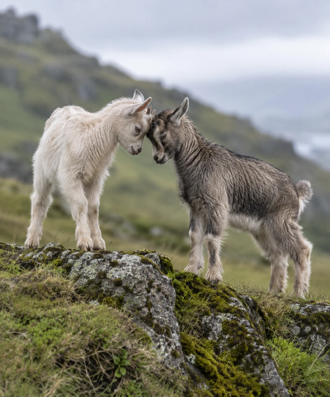Two young goats, one cream and one grey-brown, stand with their foreheads touching on a moss-covered rocky ledge, with a softly blurred green hillside and pale…