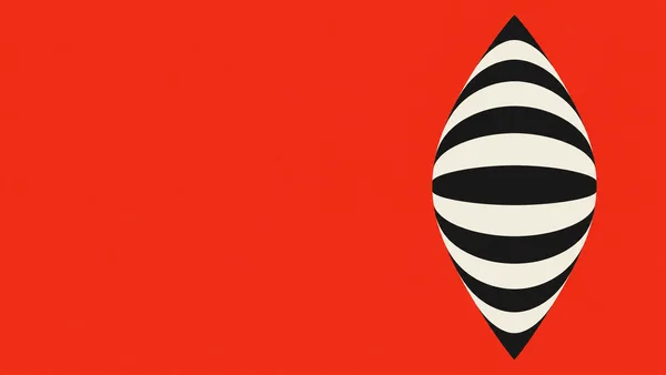 A vertically elongated black-and-ivory striped lozenge sits on the right side of a red-orange field, leaving broad open space on the left.