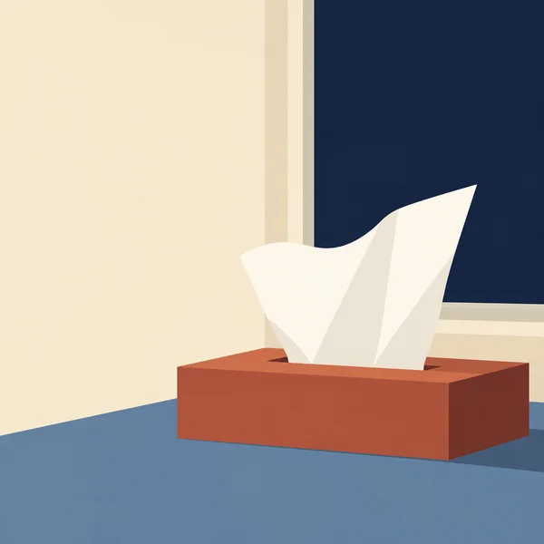 A low terracotta tissue carton sits on a muted-blue tabletop, with a large ivory tissue rising in angular folds in front of a plain midnight-blue window and…