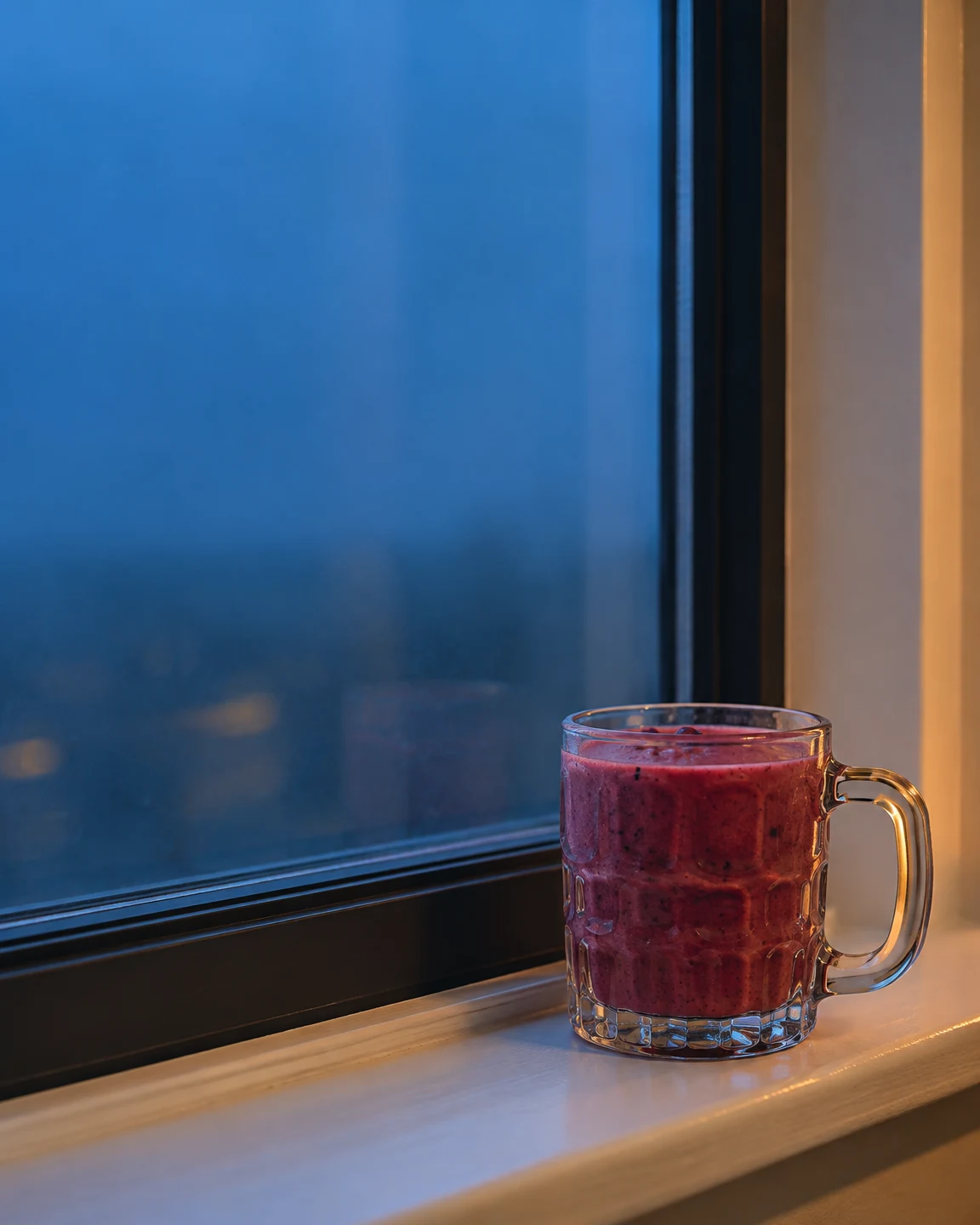 A chunky clear pressed-glass mug filled with a dark magenta berry smoothie sits on a cream windowsill at night.
