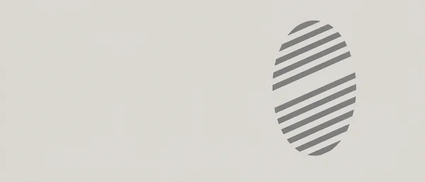 A large upright oval made of evenly spaced charcoal-grey diagonal stripes sits on the right side of a warm pale-grey background, with one wide gap interrupting…