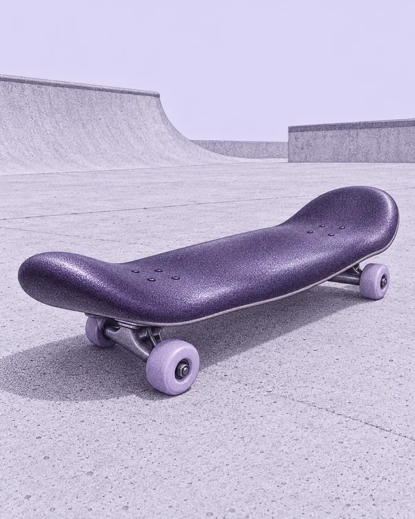 A plump, deep-violet skateboard with rounded upturned ends rests diagonally on pale-violet concrete, with lavender wheels and skatepark ramps in the background.
