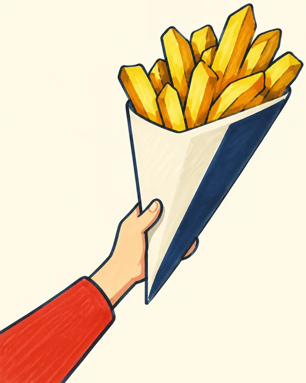 A red-sleeved forearm and small hand support a large cream paper cone filled with golden fries.
