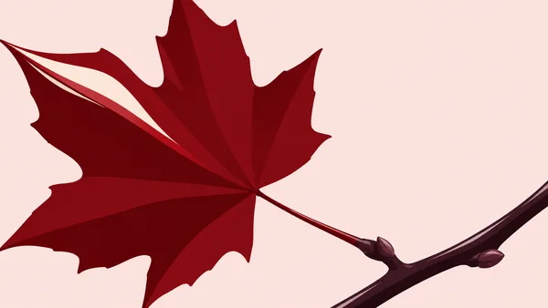 An oversized deep red maple leaf fills the left side of a pale blush frame, attached by a slender stem to a dark plum branch with small buds entering from the…