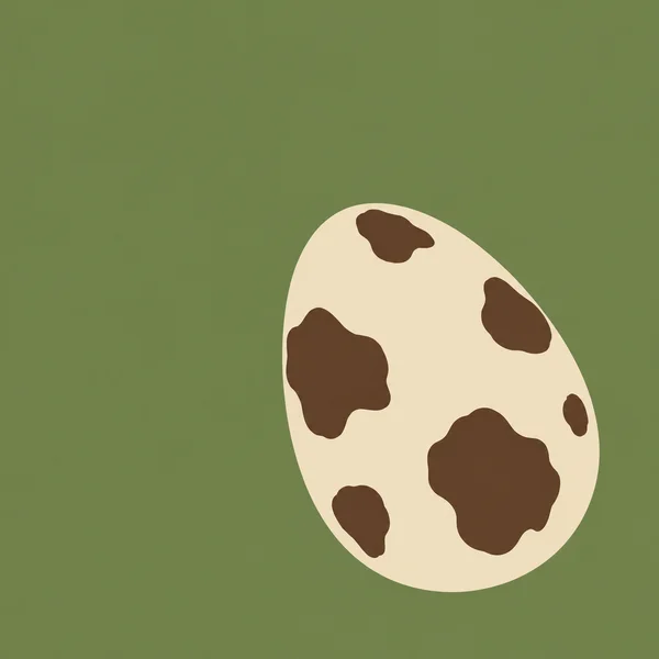 A large cream-colored speckled egg tilted diagonally on a muted green background, with open space above and to the left.