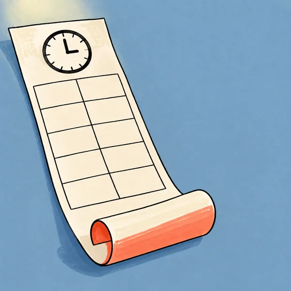 A long ivory timesheet lies diagonally across a dusty-blue surface, with a black clock drawing above five empty rows divided into two columns.