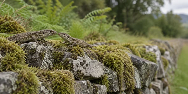 Two mottled brown lizards face one another on a moss- and lichen-covered stone wall, with soft green woodland blurred behind them.
