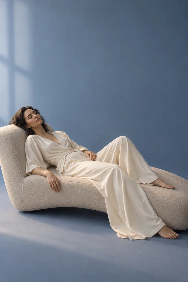 A woman in a loose ivory wrap top and wide-leg trousers reclines barefoot with her eyes closed on a curved oatmeal-colored chaise in a blue studio, with soft…