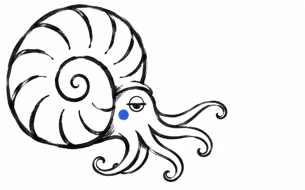 A hand-drawn black-ink ammonite-like cephalopod in side profile, with a large spiral shell, five curling tentacles, a half-lidded eye and a blue cheek mark on…