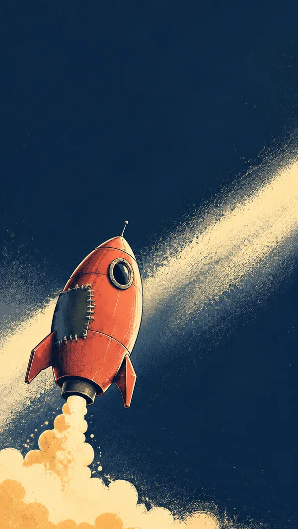 A coral-red rocket with small fins, a round porthole and a dark stitched-looking side patch rises against a deep blue background.