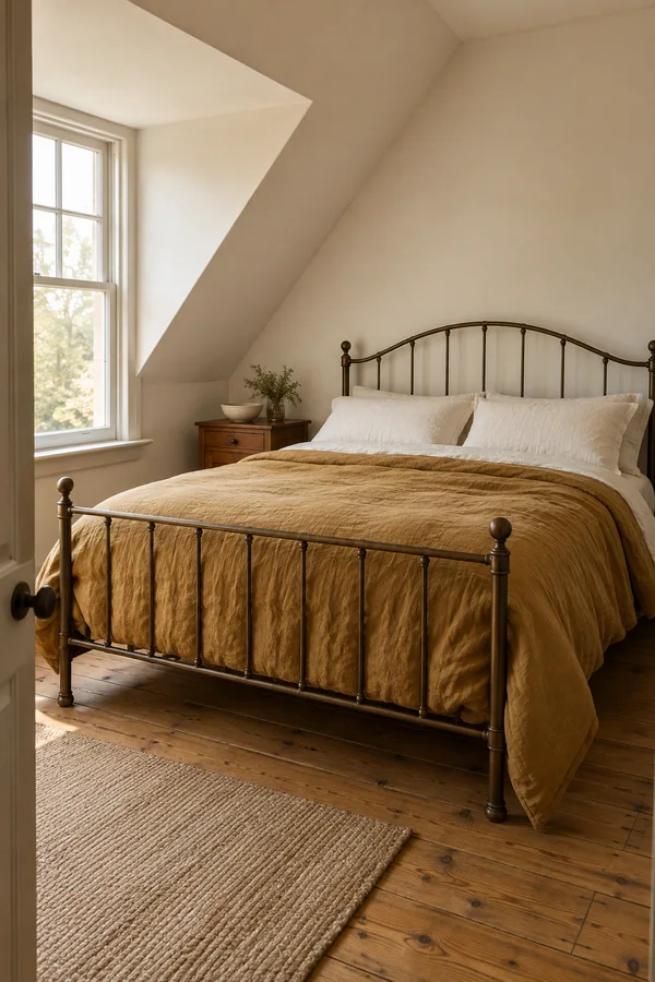 A bronze iron bed with an arched headboard and ochre duvet fills a warm attic bedroom, with ivory pillows, a tall dormer window, a wooden bedside cabinet, and…