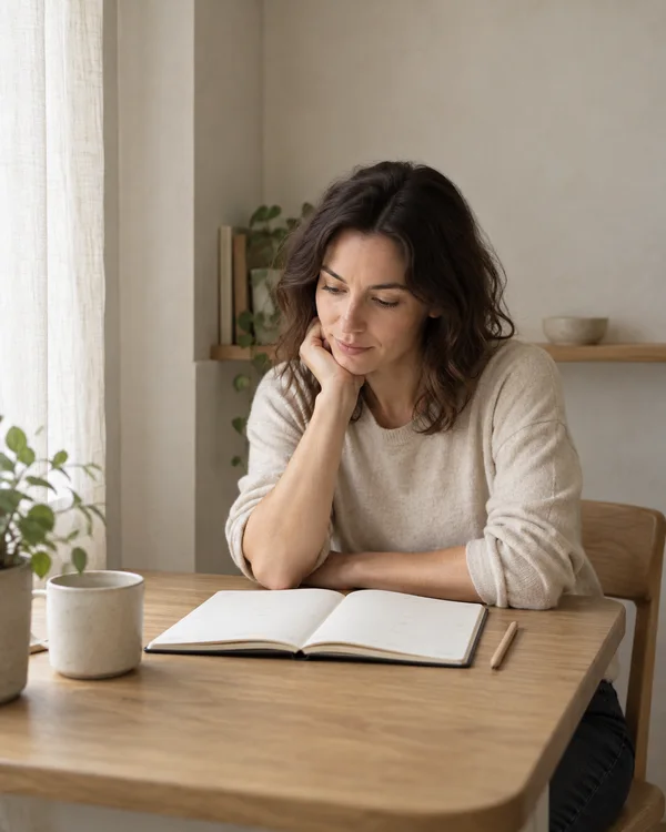 A woman in a light oatmeal knit top sits at a wooden desk, looking down at an open ruled planner with one hand resting against her cheek.