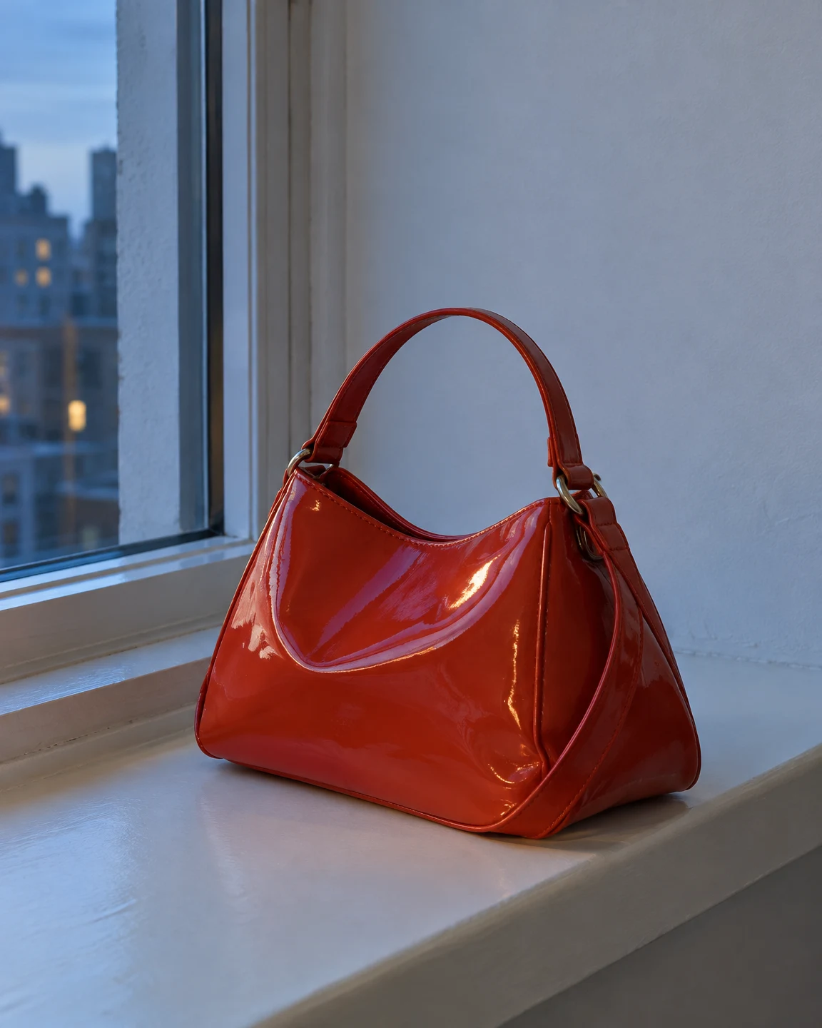 A glossy vermilion handbag rests on an off-white windowsill beside a tall window, with a blurred city exterior at blue hour and cool light on the plain wall.