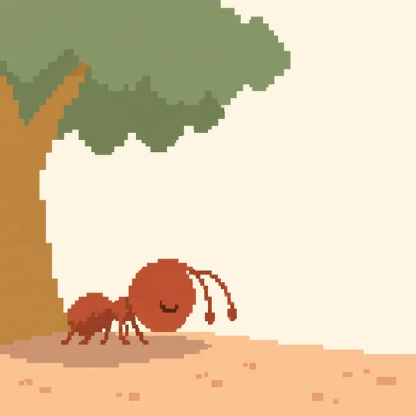 A rust-red, closed-eyed ant stands beneath a large sage-green tree canopy, with an ochre trunk at the left and peach-colored ground below.
