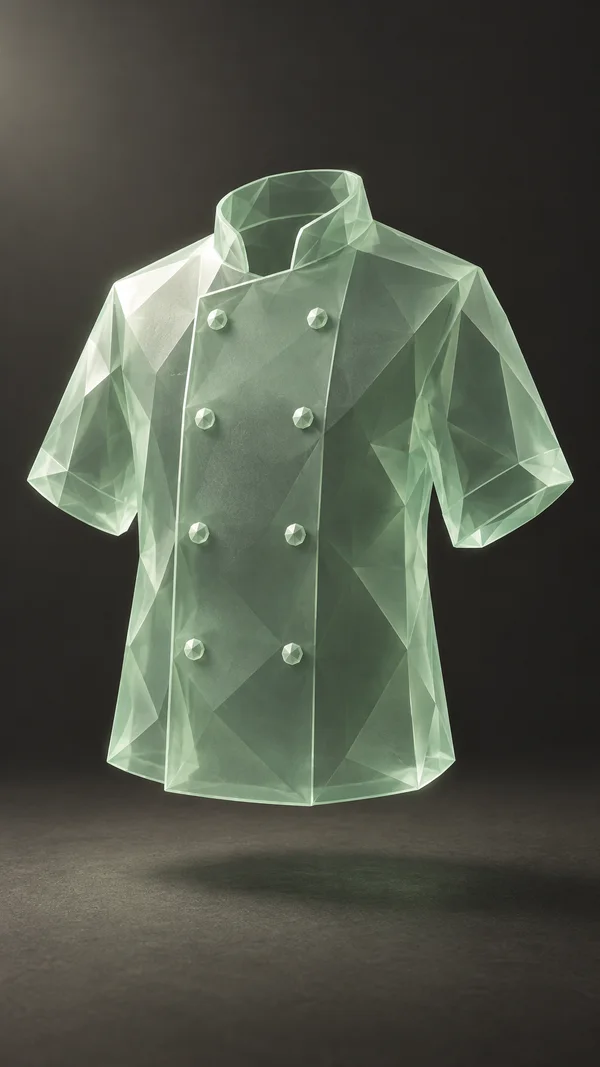 A translucent pale-green faceted glass chef’s jacket floats against a warm charcoal background above a dark matte floor.