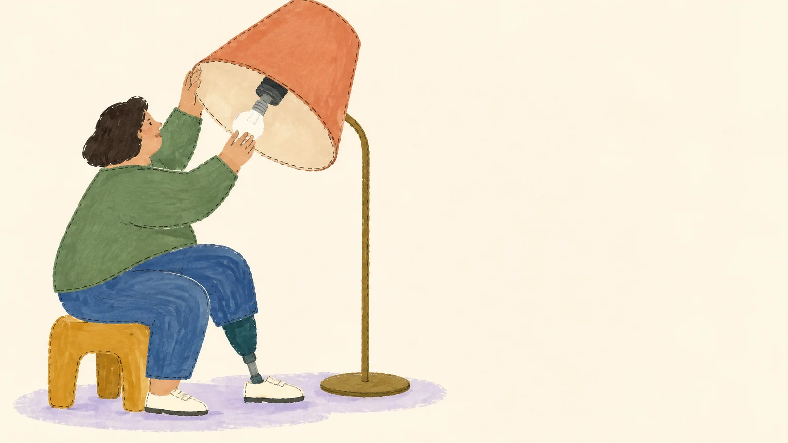 A seated adult in a green top and blue trousers holds a white bulb beneath the socket of a floor lamp with an oversized coral shade, on a cream background with…