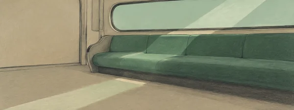 A hand-drawn illustration of an empty rail-carriage interior, with a long jade bench beneath a wide rounded window and a diagonal band of pale green light…