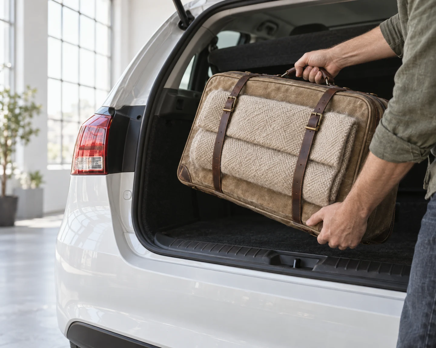 A traveler holds a worn tan canvas suitcase with a folded oatmeal-colored blanket strapped to its front while loading it into the open boot of a white…