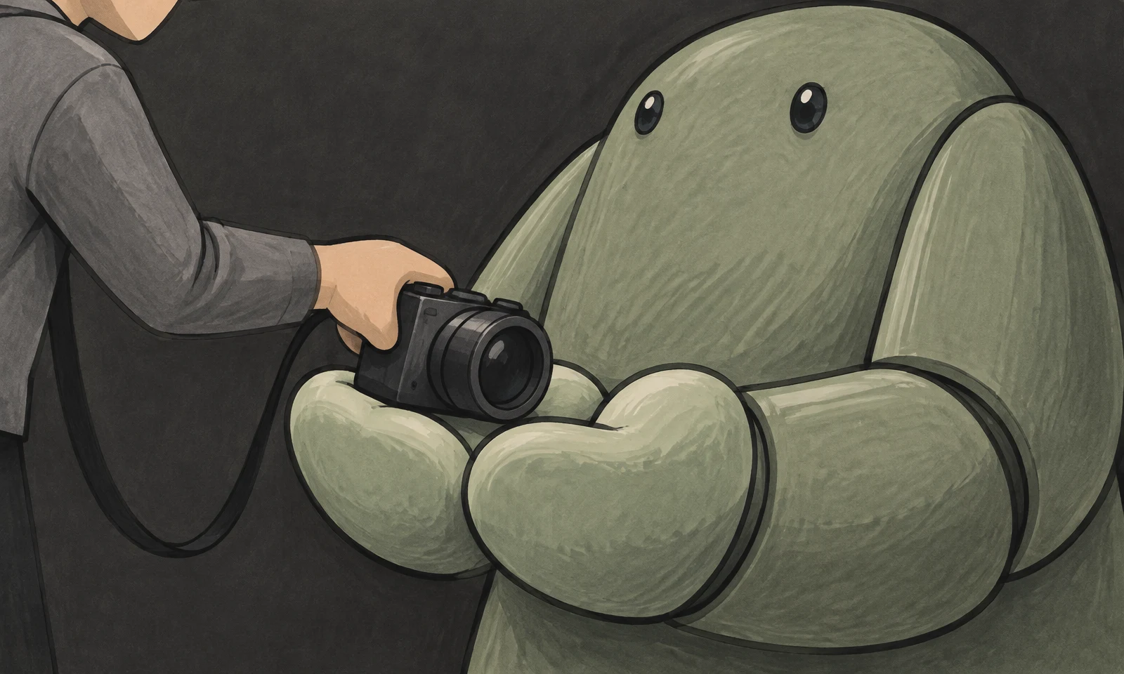 A cropped person in a gray sleeve holds a dark camera above the cupped mitten palms of a large sage-green robot, with the camera strap hanging in a loop…