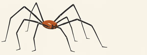 A rust-orange, oval-bodied arachnid with very long angular charcoal legs is drawn on a warm cream background, with open space to the right.