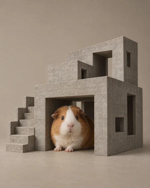 A caramel-and-white guinea pig sits in the broad entrance of a stepped gray concrete-like miniature building on a warm-gray tabletop, with open space above the…