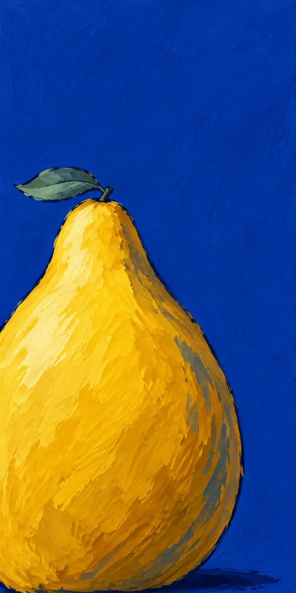 A large golden pear-shaped fruit with a broad blue-green leaf fills the lower-left of a vertical illustration, against a textured cobalt-blue background with…