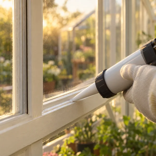 A cream-gloved hand guides a white caulking gun along the lower joint of an ivory-painted greenhouse window, laying a bead of white sealant.