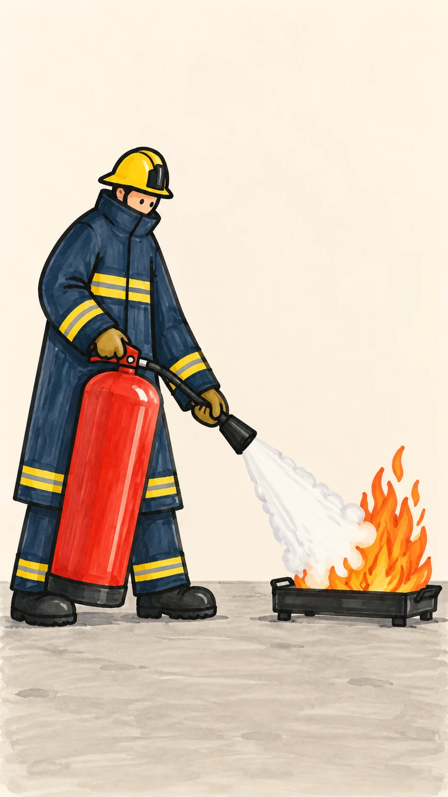 A helmeted firefighter in a navy coat directs a broad white spray from a red extinguisher toward an orange flame in a black metal tray on a pale concrete…