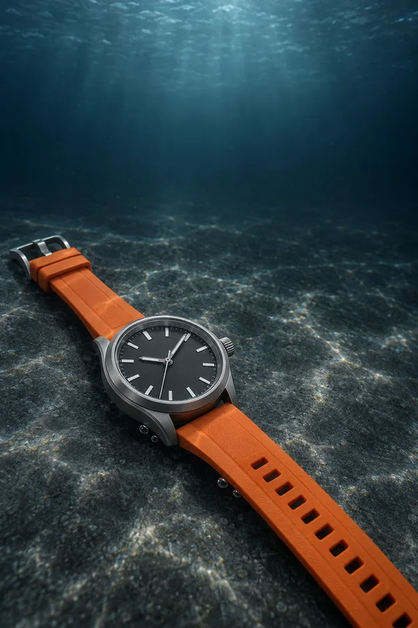 A silver-cased dive watch with a charcoal dial and burnt-orange strap lies diagonally on a dark, textured underwater floor, with open blue-grey water above.