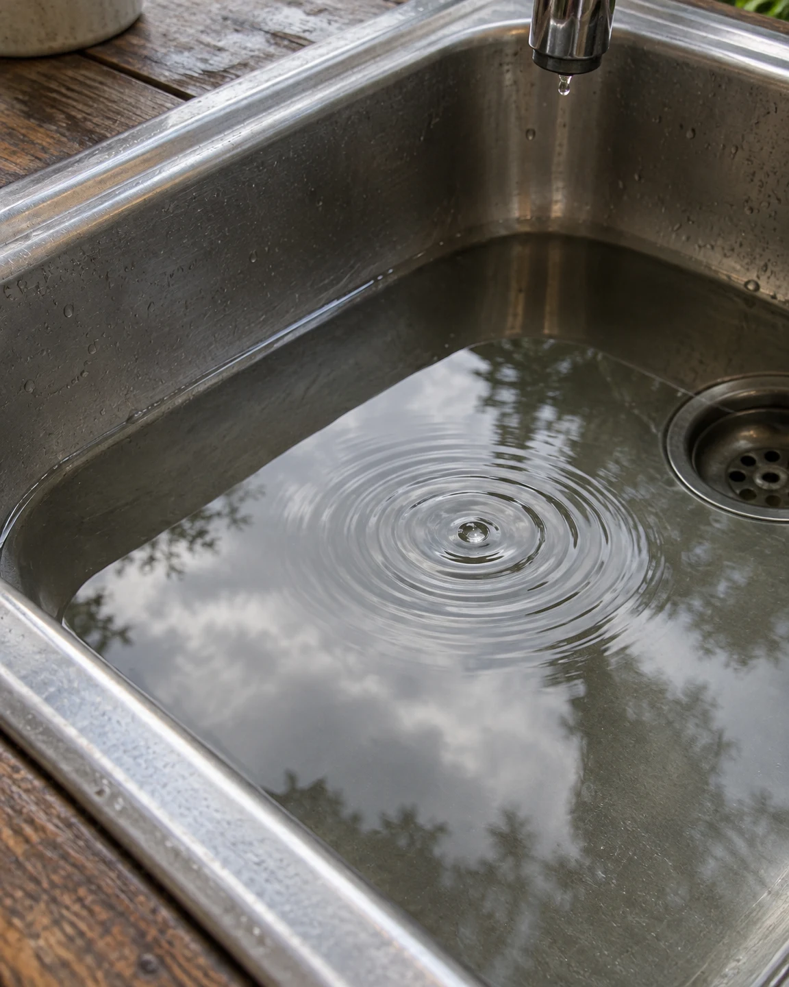 A close oblique view into a stainless-steel sink with a shallow layer of reflective water and concentric ripples beneath a dripping faucet; weathered timber…