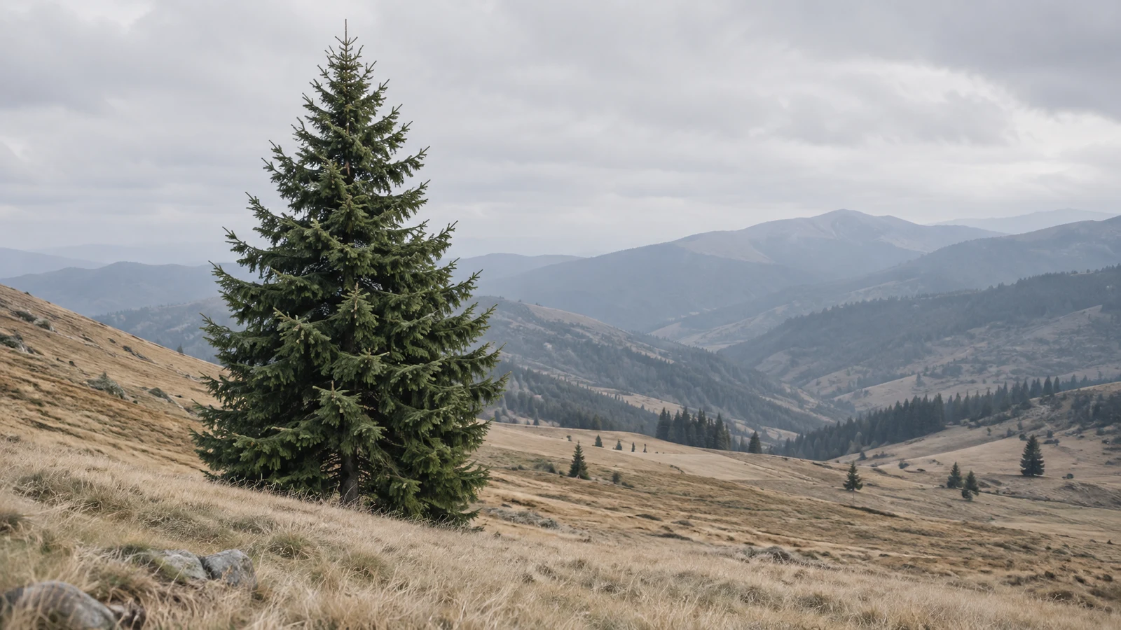 A mature dark-green fir stands left of centre on a beige grassy mountain slope, with scattered small conifers, layered hazy ridgelines and an evenly overcast…