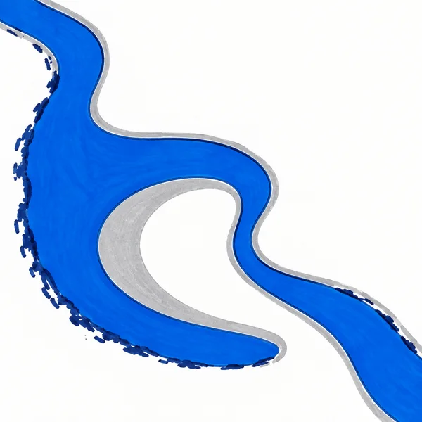 An overhead marker-style illustration of a cobalt-blue river winding from the upper-left to the lower-right across white land.