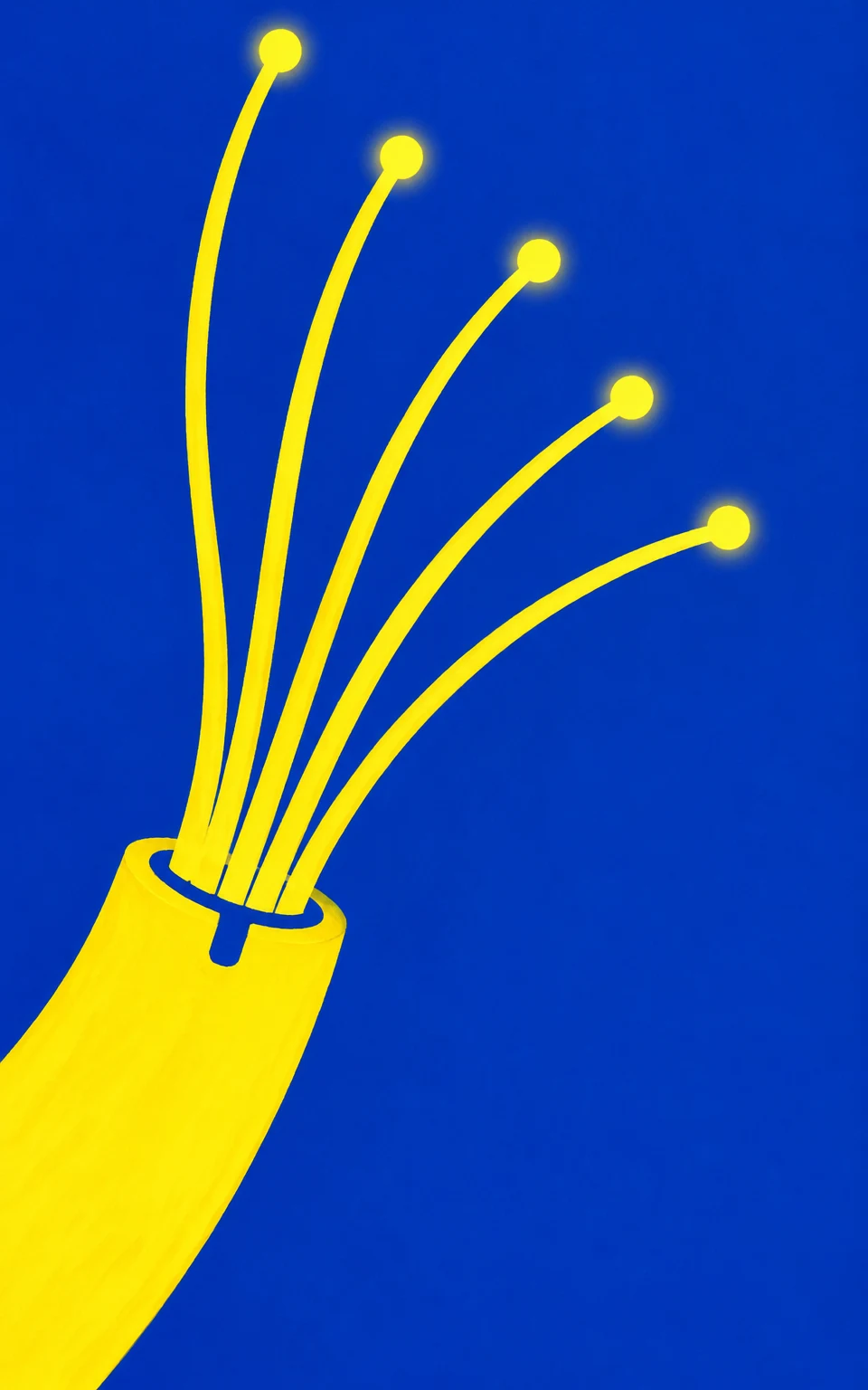 A lemon-yellow fibre-optic cable sleeve enters from the lower-left against a cobalt-blue background.