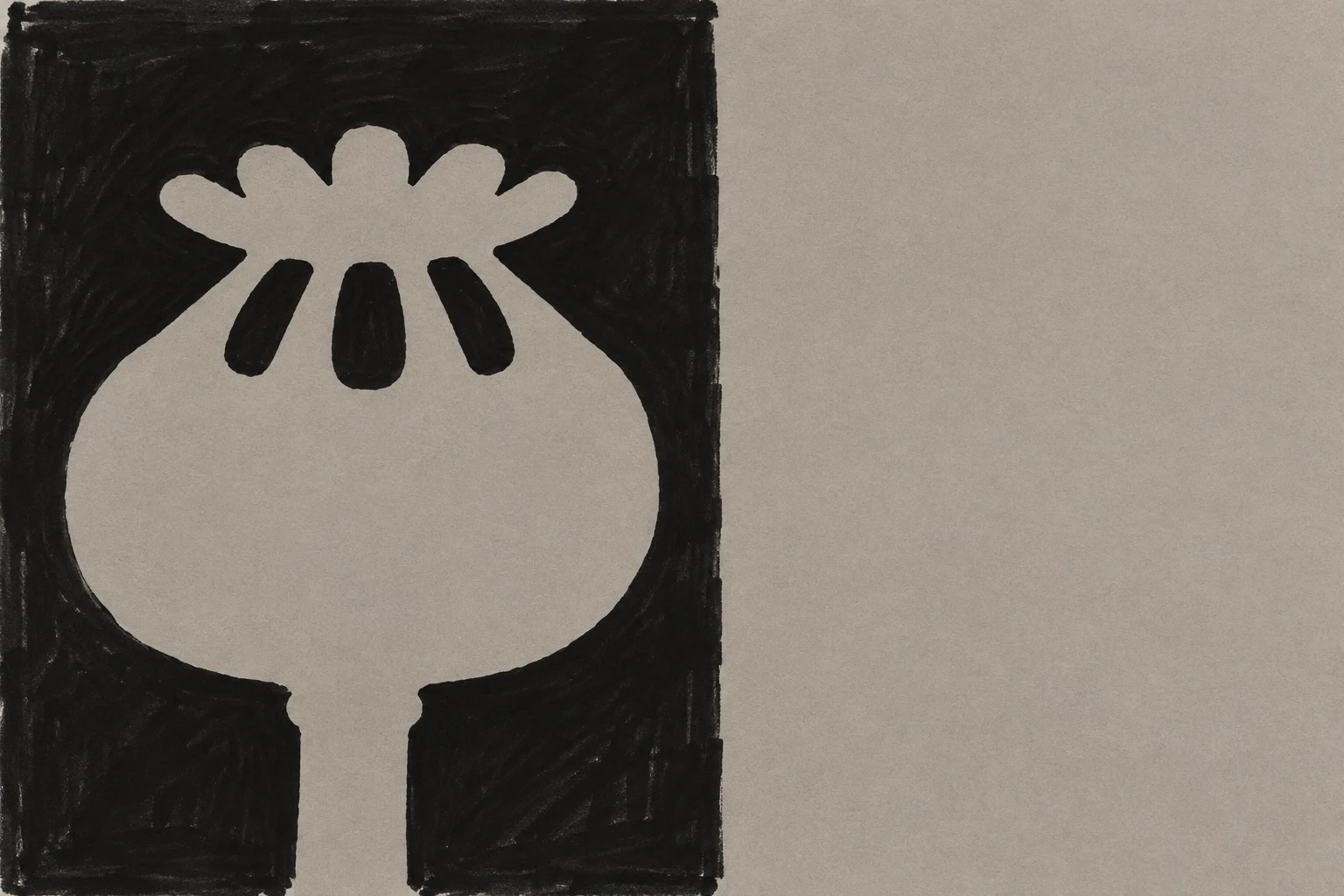 A warm ash-grey poppy seed capsule silhouette with a scalloped crown and three dark openings, set within a broad black marker field on the left; textured grey…