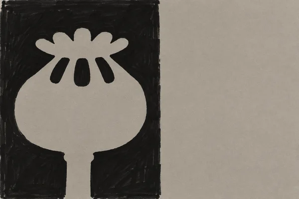 A warm ash-grey poppy seed capsule silhouette with a scalloped crown and three dark openings, set within a broad black marker field on the left; textured grey…