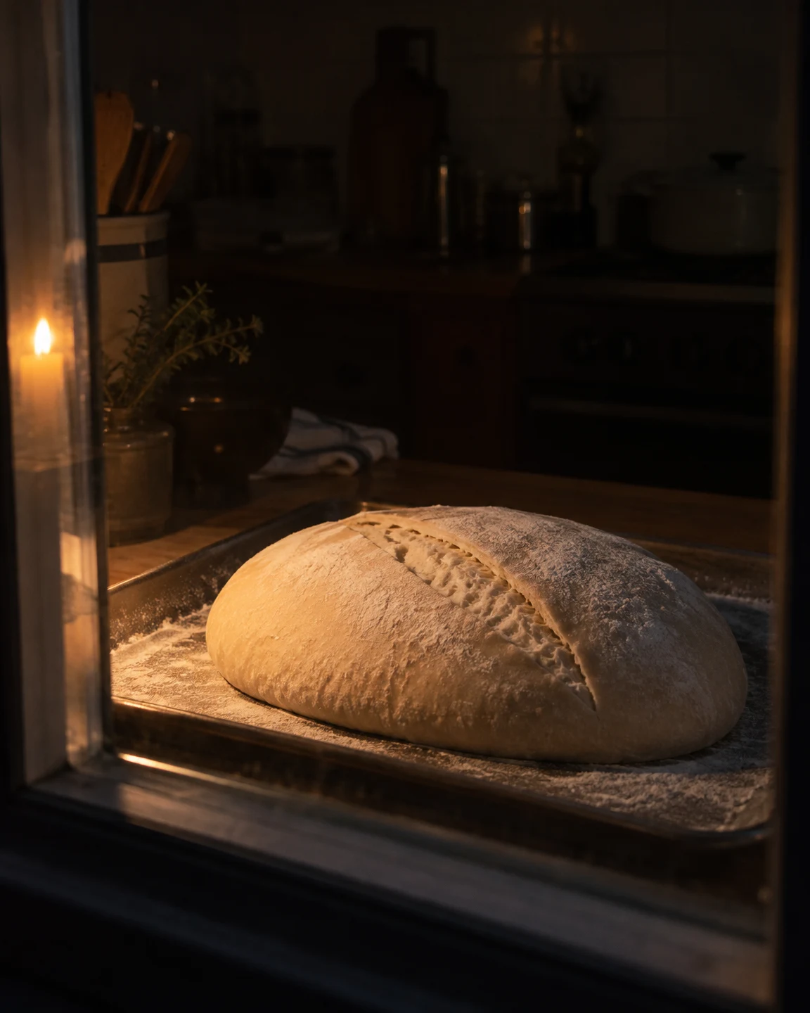 An oval loaf of risen dough with a long open score rests on a floured metal tray on a kitchen counter, viewed through a window.