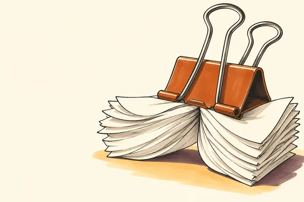 A large rust-orange binder clip grips a thick fan of ivory papers against a warm cream background, with amber and plum shadows beneath it and open space on the…