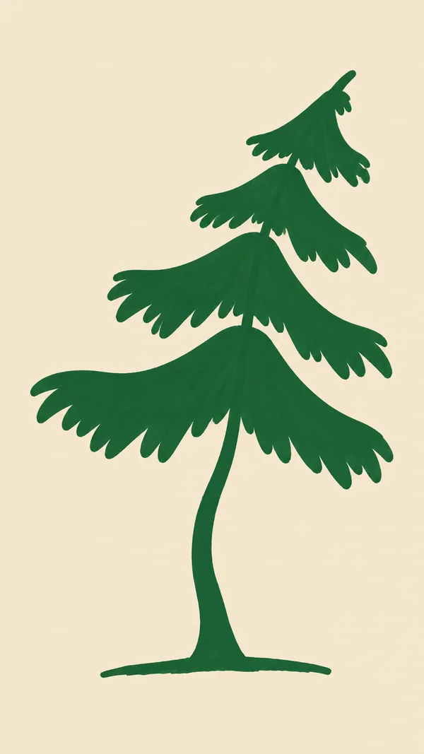 A stylized dark-green evergreen with four broad, drooping tiers and a slender curved trunk stands against a warm beige background, anchored by a short green…