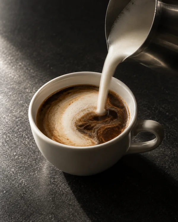 An off-white ceramic cup of dark coffee sits on a charcoal stone-textured counter as a stainless-steel pitcher pours a smooth stream of pale foam into it…