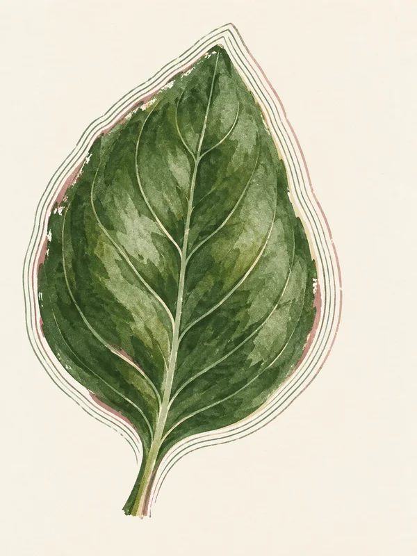 A large textured green basil leaf with pale branching veins and a short stem sits on a warm ivory background, surrounded by thin green and muted-rose contour…