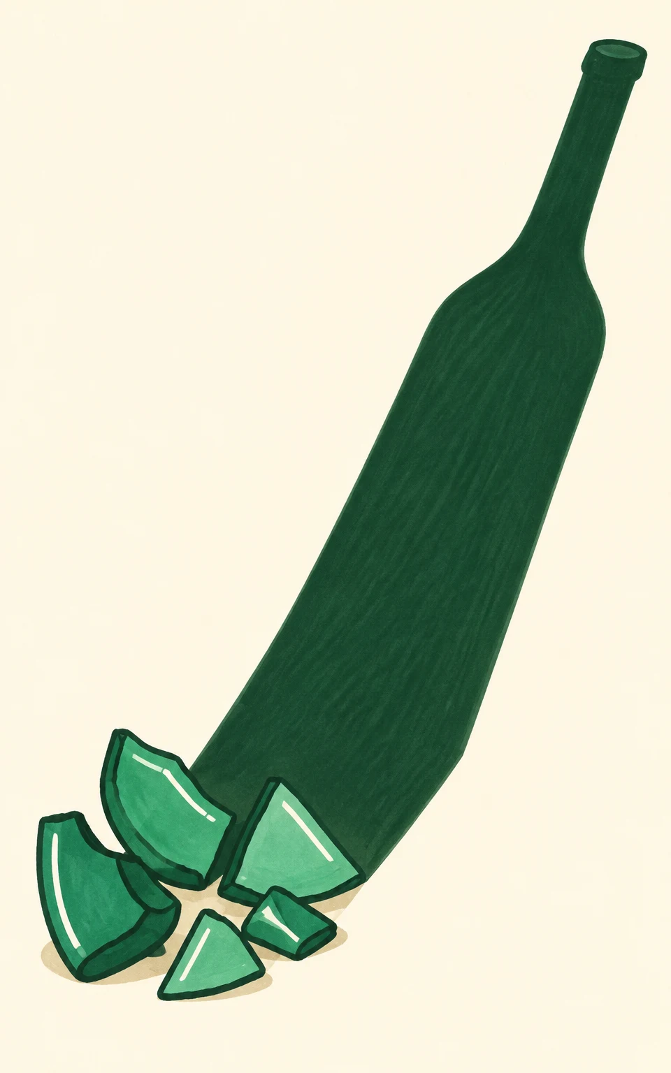 Five mint and sea-green glass fragments lie near the lower-left corner of a cream background.
