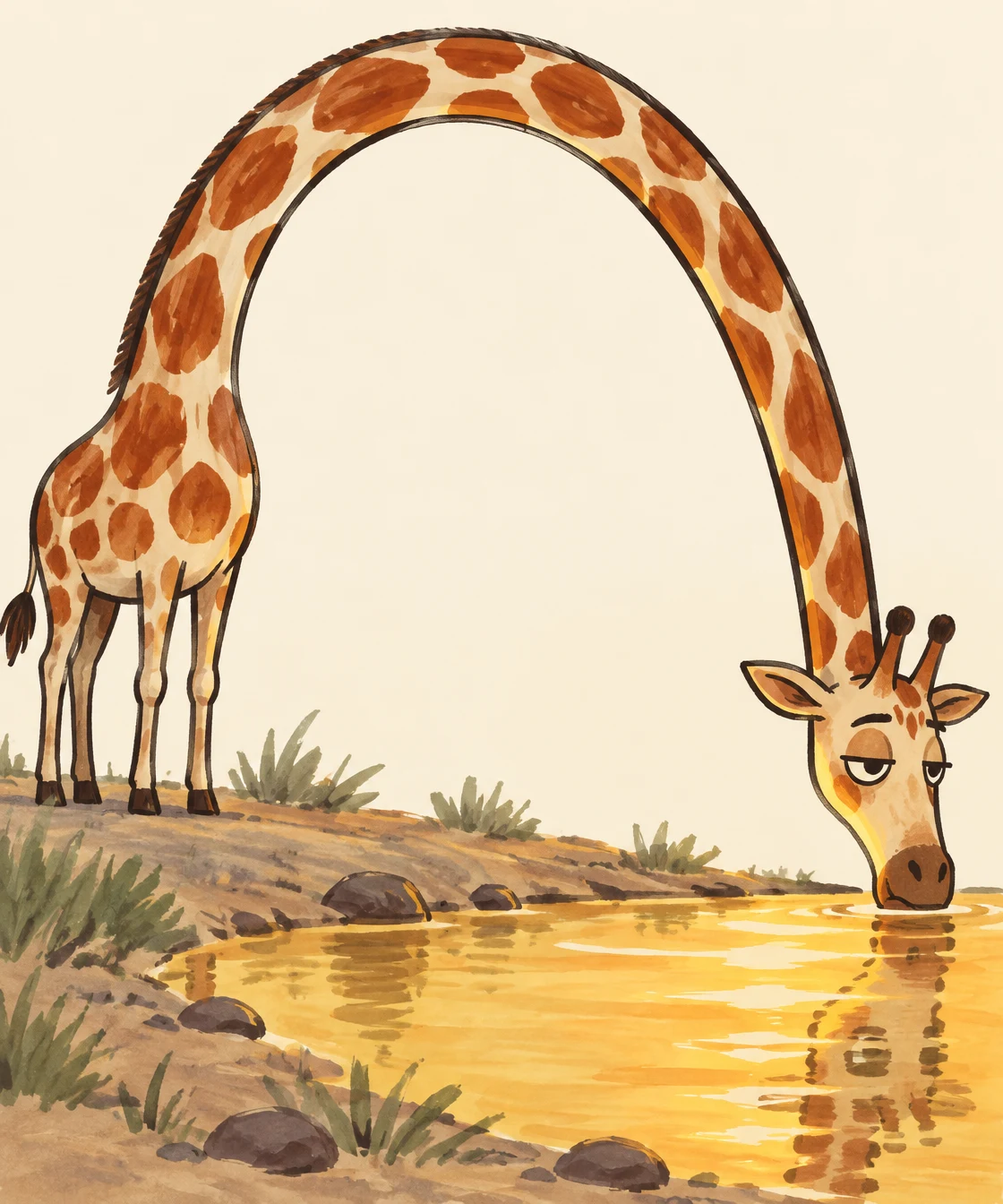 A hand-drawn giraffe with an exaggerated arched neck bends to drink from a golden pool, standing on a rocky bank with sparse grasses; its muzzle and neck…