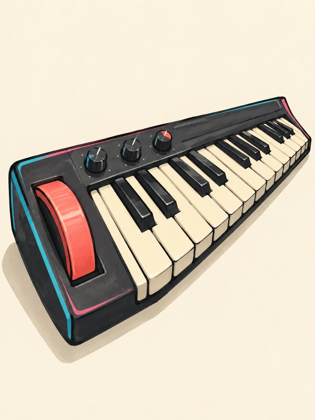 A charcoal keyboard synthesizer lies diagonally on a warm cream background, with ivory and black keys, three round knobs, and a large coral pitch wheel at its…
