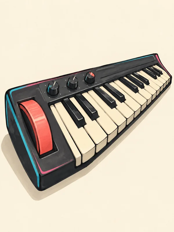 A charcoal keyboard synthesizer lies diagonally on a warm cream background, with ivory and black keys, three round knobs, and a large coral pitch wheel at its…