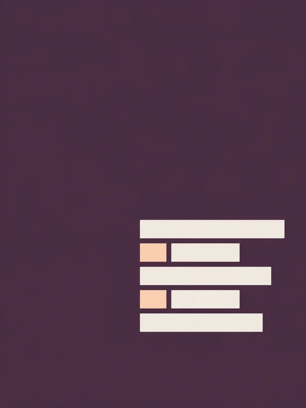 A compact arrangement of cream-white horizontal rectangles and two pale-apricot blocks sits below centre on a dark aubergine field, with broad empty space…