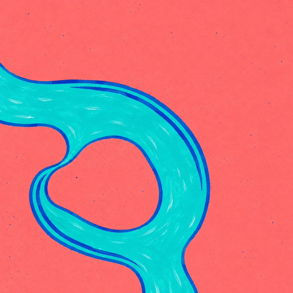 Overhead graphic illustration of a vivid teal river looping around a coral landform, with cobalt-blue bank lines and scattered grain texture.