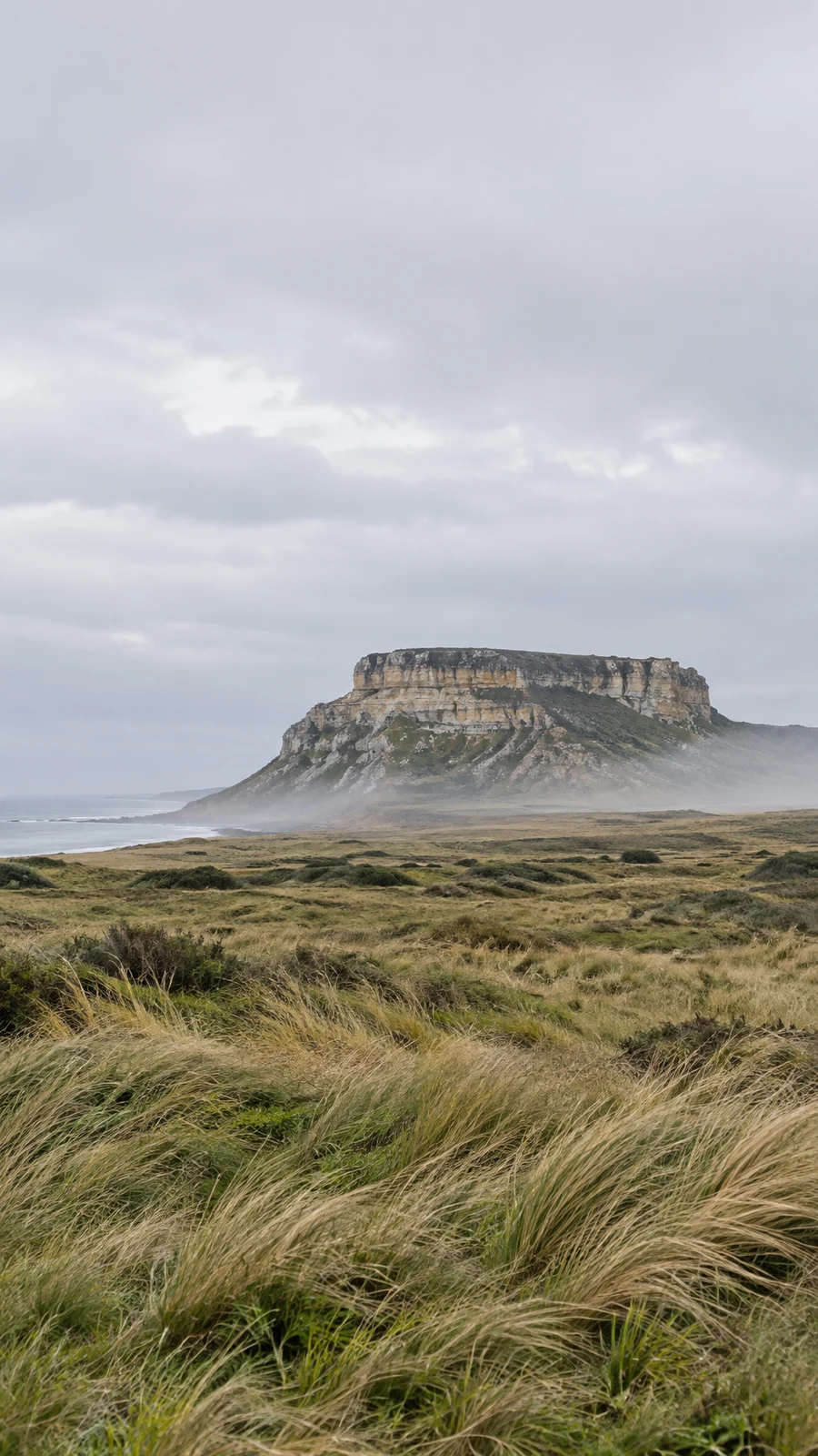 A banded, flat-topped sandstone mesa rises beyond a coastal grass plain, with sea mist around its lower slopes and a strip of grey sea at the left horizon.